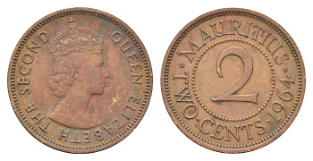 Маврикий 2 цента 1964 Елизавета II (1952-2022) KM 32 бронза 4706-723