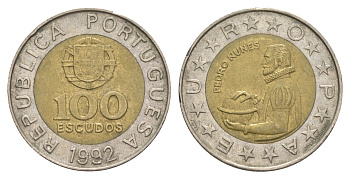 Португалия 100 эскудо 1992 Педру Нуниш (1502-1578), математик KM 645 биметалл 4390-756