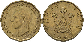 Великобритания 3 пенса 1945 Георг VI (1936-1952) KM 849, Spink 4112 никель латунь 28-313