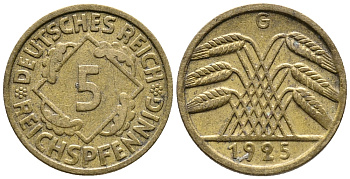 ГЕРМАНИЯ 5 РЕЙХСПФЕННИГОВ 1925 G KM 39, J. 316 алюминиевая бронза 39-537