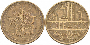 Франция 10 франков 1979 тип Матье KM 940, Le Franc 365.13-14 никель латунь 4402-1143