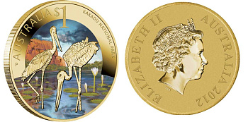 Австралия 1 доллар 2012 серия всемирное наследие, национальный парк какаду, цапли, цветная эмаль  KM 1823 алюминиевая бронза UNC M41-04