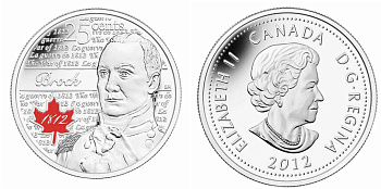 Канада 25 центов 2012 серия герои Канады в войне 1812-1815, Айзек Брок, эмаль KM 1322 a никелированная сталь  UNC  M59-13