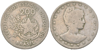 Бразилия 200 реалов 1901 MCMI, голова свободы вправо KM 504 медно-никель 4612-345
