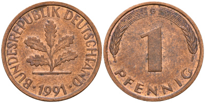 ФРГ 1 пфенниг 1991 G KM 105, J. 380 сталь плакированная медью    4598-666