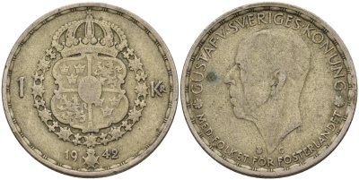 Швеция 1 крона 1942 G, Густав V (1907-1950) KM 814 серебро 4148-954