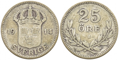 Швеция 25 эре 1914 W, Густав V (1907-1950) KM 785 серебро 3309-854