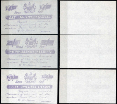 Южная Африка набор из 3 банкнот, 1, 2, 5 шиллингов стерлингов 1899-1902 оплачивается при предъявлении в столовой лагеря военнопленных Green Point Track, Англо-Бурская война (1899-1902), сиреневая печать бумага UNC (пресс) 451-671-1