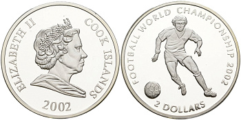 Острова Кука 2 доллара 2002 чемпионат мира по футболу в Корее и Японии 2002 года KM 468 a серебро PROOF 00-00