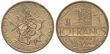 Франция 10 франков 1987 тип Матье KM 940, Le Franc 365.27-28 никель латунь 4123-631