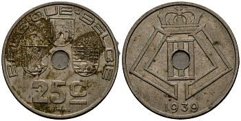 Бельгия 25 сантимов 1939 Belgique - Belgie KM 114 никель латунь 4382-425