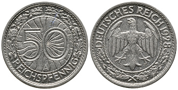 Германия 50 рейхспфеннигов 1928 A KM 49, J. 324 никель 24-1217