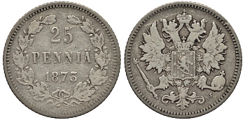 РОССИЯ ДЛЯ ФИНЛЯНДИИ 25 ПЕННИ 1873 S, АЛЕКСАНДР II KM 6.2, Биткин 648 серебро 443-745