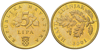 Хорватия 5 лип 2001 нечетный год KM 5 сталь плакированная латунью  UNC  4124-915