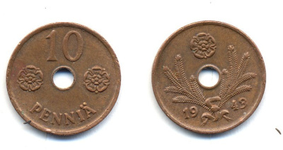 Финляндия 10 пенни 1943 республика (1918-1962) KM 33.1 медь 51-5024
