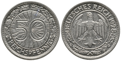 Германия 50 рейхспфеннигов 1928 A KM 49, J. 324 никель 24-1217