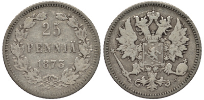 РОССИЯ ДЛЯ ФИНЛЯНДИИ 25 ПЕННИ 1873 S, АЛЕКСАНДР II KM 6.2, Биткин 648 серебро 443-745