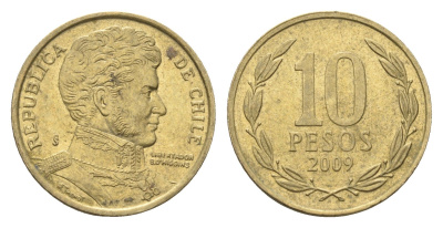 Чили 10 песо 2009 KM 228 никель латунь 4664-438
