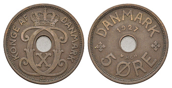 Дания 5 эре 1927 NCH, Кристиан X (1912-1947) KM 828 бронза 4700-754