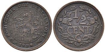 Нидерланды 1/2 цента 1928 Вильгельмина (1890-1948) KM 138 бронза 4576-515