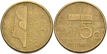 Нидерланды 5 гульденов 1988 Беатрикс (1980-2013) KM 210 никель плакированный бронзой 4573-442