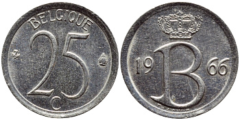 БЕЛЬГИЯ 25 САНТИМОВ 1966 BELGIQUE KM 153.1 медно-никель 4392-861