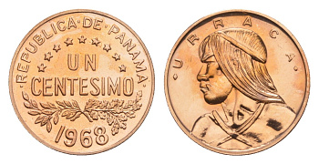 Панама 1 сентесимо 1968 Уррака, тираж 23.000 экземпляров KM 22 бронза PROOF 1526-1245