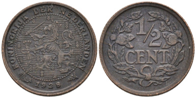 Нидерланды 1/2 цента 1928 Вильгельмина (1890-1948) KM 138 бронза 4576-515