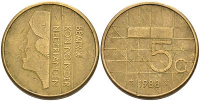 Нидерланды 5 гульденов 1988 Беатрикс (1980-2013) KM 210 никель плакированный бронзой 4573-442