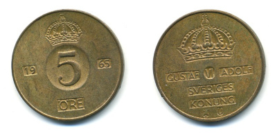 Швеция 5 эре 1965 U, Густав VI Адольф (1950-1973) KM 822 бронза 80-123