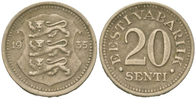 Эстония 20 центов 1935 Республика (1918-1941) KM 17 никель бронза 4615-1114