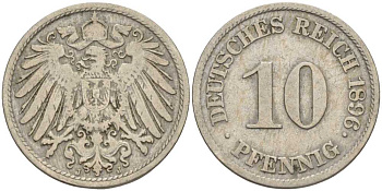 ГЕРМАНИЯ 10 ПФЕННИГОВ 1896 D KM 12, J. 13 медно-никель 4401-956
