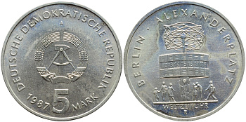 ГДР 5 марок 1987 A, 750 лет Берлину, Александерплац КМ 116 медь цинк никель UNC 4394-233