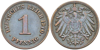 ГЕРМАНИЯ 1 ПФЕННИГ 1910 F KM 10, Jager. 10, Weege 2 медь 4528-1263
