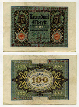 Германия 100 марок 1920 Бамбергский всадник, 8 цифр в номере Pick 69 b, Розенберг 69b бумага 2192-31-1