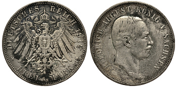 Саксония 3 марки 1912 E, Фридрих Август III (1904-1918) Weege 132, J. 135, KM 1267 серебро 3711-1344