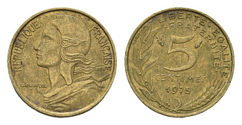 Франция 5 сантимов 1975 KM 933 алюминиевая бронза 4674-555