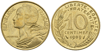 Франция 10 сантимов 1989 тип Marianne KM 929, le Franc 144.29 алюминиевая бронза 4609-269