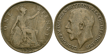 Великобритания 1 пенни 1920 Георг V (1910-1936) KM 810, Spink 4051 бронза 4120-814