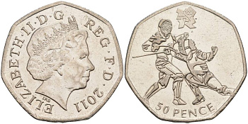 Великобритания 50 пенсов 2011 XXX летние Олимпийские игры в Лондоне в 2012 году, фехтование, Елизавета II (1952-2022) KM 1191, Spink LO11 медно-никель 00-00