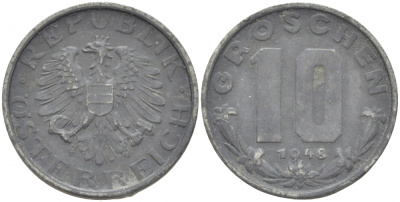 АВСТРИЯ 10 ГРОШЕЙ 1948 KM 2874 цинк 4402-613