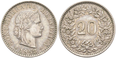 ШВЕЙЦАРИЯ 20 РАППЕНОВ 1958 В KM 29a медно-никель 55-745