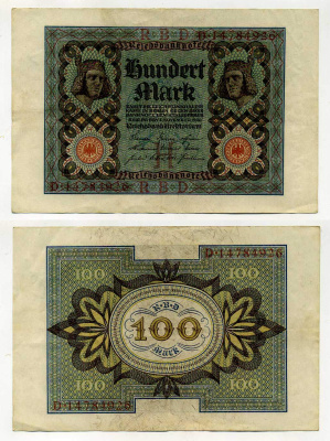 Германия 100 марок 1920 Бамбергский всадник, 8 цифр в номере Pick 69 b, Розенберг 69b бумага 2192-31-1