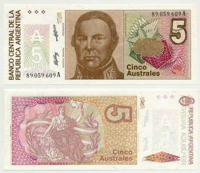 АРГЕНТИНА 5 АУСТРАЛЕЙ 1989 СЕРИЯ А 89059, ХОСЕ де УРКИСА, ПРЕЗИДЕНТ АРГЕНТИНСКОЙ КОНФЕДЕРАЦИИ (1856-1860) Pick 324 бумага UNC (ПРЕСС) 6301-7-2