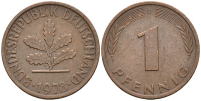 ФРГ 1 пфеннниг 1978 D KM 105, J.380 сталь плакированная медью 4608-321
