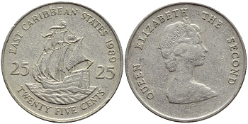 Восточно-Карибские штаты 25 центов 1989 Елизавета II (1952-2022), парусник KM 14 медно-никель 85-314