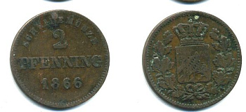 Бавария 2 пфеннига 1866 Людвиг II (1864-1886) KM 472 медь 62-2755