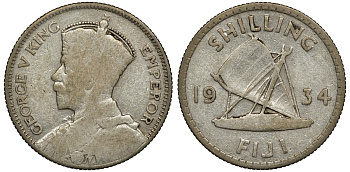 Фиджи 1 шиллинг 1934 Георг V (1910-1936), парусник KM 4 серебро 91-937