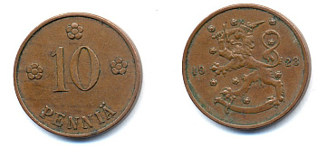 Финляндия 10 пенни 1928 республика (1918-1962) KM 24 медь 46-1626