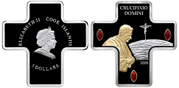 Острова Кука 5 долларов 2008 Бенедикт XVI, стразы, позолота, монета в виде креста серебро PROOF 1065-2-12